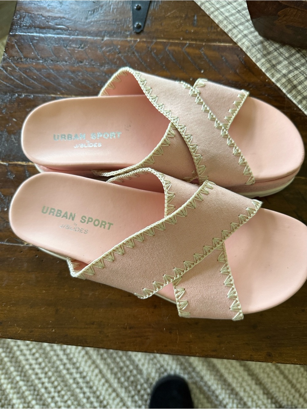 J/SLIDES Pink Cross-Band Slide Sandals with Zigzag Stitch
